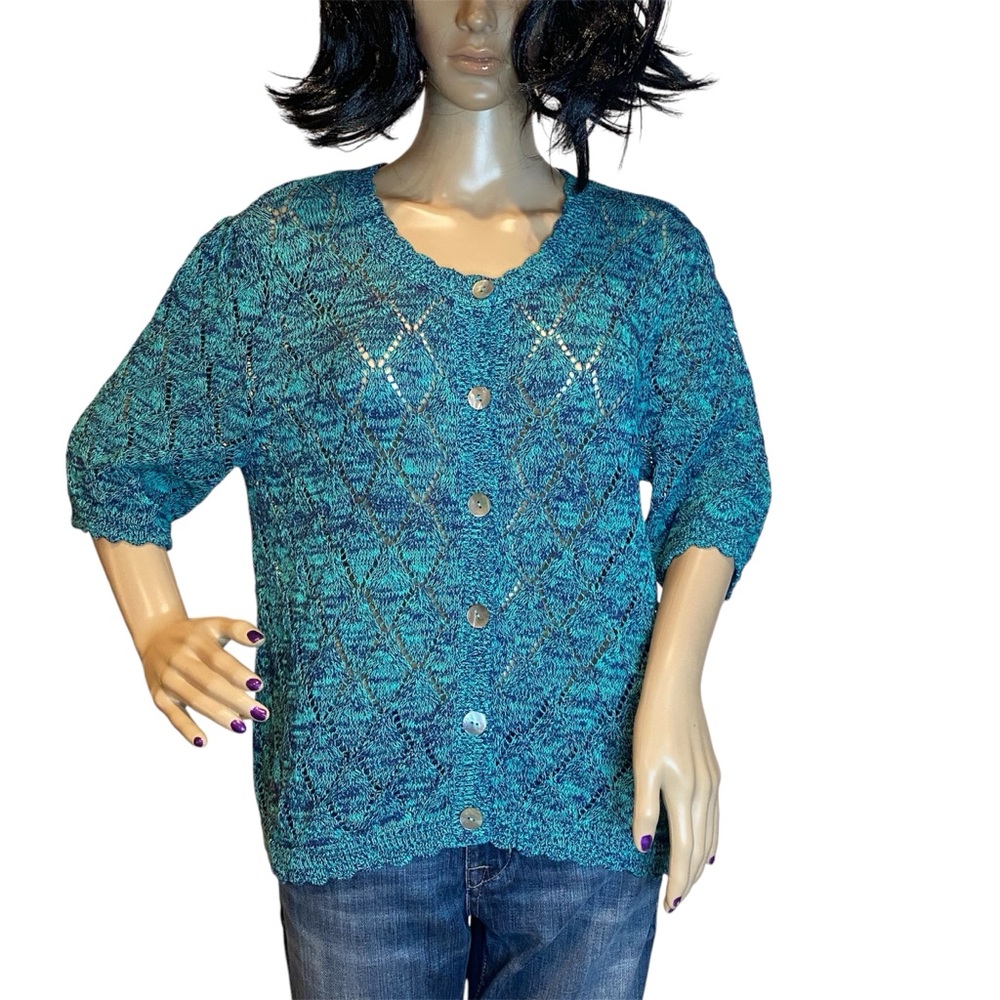 Soft Surroundings Calla Cardigan Sweater Half-Sleeves Green & Navy Sz Large NWT